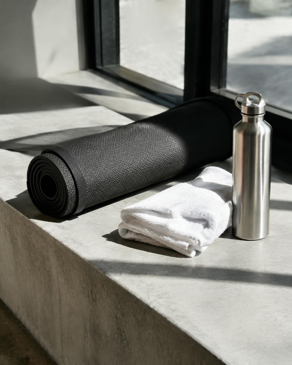 Mat, towel and bottle on a concrete bench