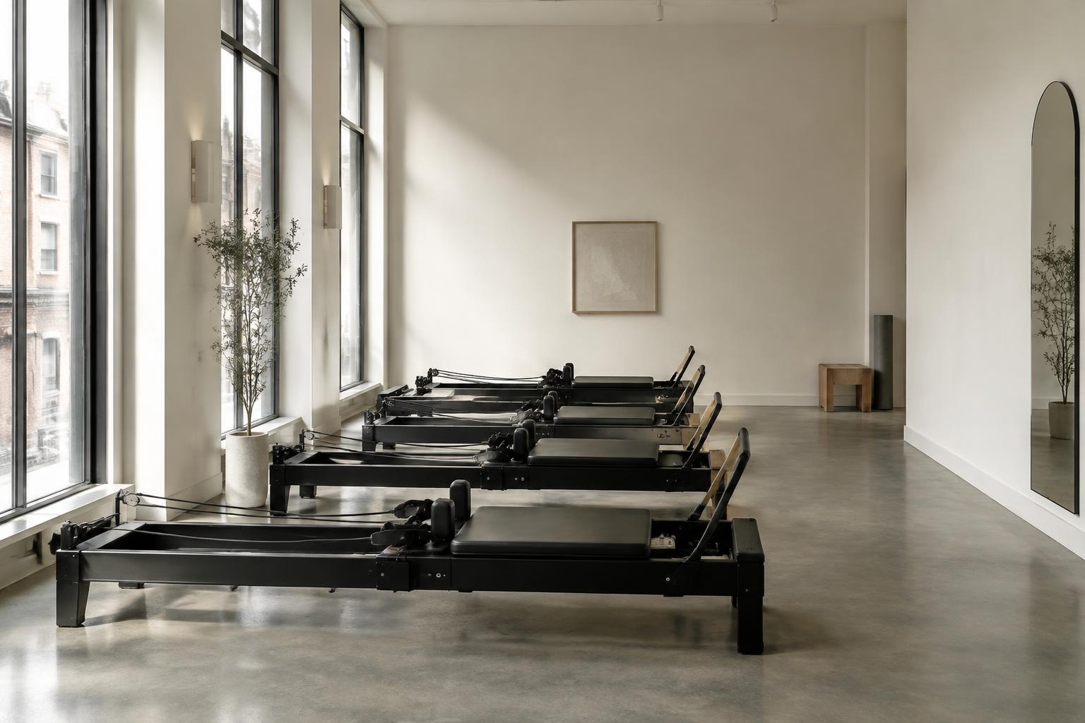 Row of black reformers in a bright Notting Hill studio